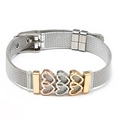Three-tone stainless steel mesh bracelet featuring interlocking gold silver and rose gold hearts - Tri-color Interlocking Heart Mesh Bracelet / Silver