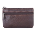 Dark brown crazy horse leather coin purse with double zipper and contrast stitching - Dark Coffee