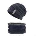 Detail view of winter knitted hat and scarf set with thick navy thermal fleece lining - Navy Blue 2-Piece Set
