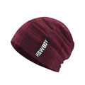 Close-up of thick knit winter beanie with fleece lining and woven logo label - Wine Red (Fleece Lined)
