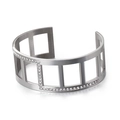 Modern silver striped titanium steel bangle with sparkling rhinestone geometric cutouts - Steel Color (KB115754-KPD)