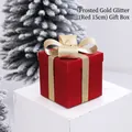 Frosted red 15cm Christmas gift box featuring a glittery gold bow for festive decoration - Red / 15CM