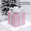 Frosted pink Christmas gift box with silver glitter bow, 25cm decorative holiday ornament - Pink / 25cm