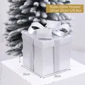 Frosted silver Christmas gift box with bow decoration, 25cm festive scene ornament - Silver / 25cm