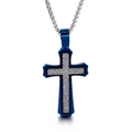 Collier chaîne boîte pour hommes avec pendentif croix bleue et incrustation scintillante - Style de Croix Dépolie Bleue (KN90108-KPD)