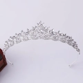Detailed view of leaf-shaped silver bridal tiara with sparkling crystal embellishments - Thick Silver White Rhinestone