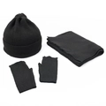 Detailed close-up of a 3-piece black knit winter set with beanie scarf and fingerless gloves - Grey Green