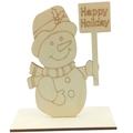 Bonhomme de neige en bois brut DIY avec gravure Happy Holiday et détails de l'écharpe - Bonhomme de neige