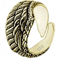 Anillo abierto vintage de alas de ángel en plata 925 dorada con texturas de plumas - Plata 925 Bañada en Oro/Forma de Pluma / Amarillo