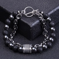 Close-up of double-layer bracelet with volcanic stone beads and stainless steel chain - Black Magnetic Stone And Lava Stone Bracelet