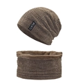 Detail of coffee brown knitted hat and scarf set with thick warm fleece lining and sports tag - Khaki