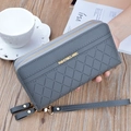 Gray double zipper wallet with quilted grid pattern and gold logo plaque details - Gray