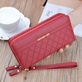 Women long red quilted faux leather wallet with double zipper and wrist strap - Burgundy