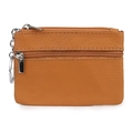 Brown litchi grain leather coin purse with double zippers and metal keychain - Earthy Yellow
