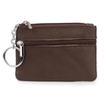 Dark brown genuine leather coin purse with zipper closure and integrated keychain - Coffee