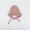 Detail of pink knitted baby hat with ruffled edges and cable knit texture pattern - Kids (46-50CM) / Pink