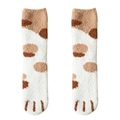 Chaussettes épaisses en polaire corail avec motifs pattes de chat mignonnes brun blanc - Taches Blanches et Brunes