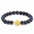 Elastic beaded bracelet with black lava stone beads and a yellow turquoise cross bead - Yellow Turquoise