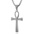 Polished silver Ankh cross pendant with box chain showing reflective metallic texture - Silver + Stainless Steel Chain