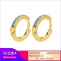Detailed view of 14mm gold brass earrings with blue micro-pave crystals and dimensions - Gold Turquoise