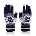 Navy blue winter knitted touch screen gloves with white snowflake patterns and warm lining - Navy Blue Snowflake Style