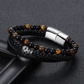 Pulsera punk para hombre con calavera, piedras naturales y cuero trenzado multicapa - Pulsera de Cuero de Tres Capas Calavera Ojo de Tigre Amarillo