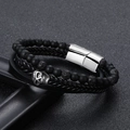 Bracelet punk pour hommes avec crâne, cuir noir et perles en pierre naturelle noire - Bracelet en Cuir à Trois Couches Crâne Pierre Volcanique