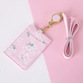 Pink floral PU leather ID card holder with retractable lanyard and neck strap - Pink
