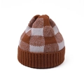 Close-up of brown and beige checkerboard knit beanie with ribbed cuff and soft texture - Brown and White Plaid (Adult)