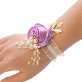 Elegant purple satin rose wrist corsage with gold leaves and white pearl tassels - Light Purple