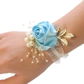 Handmade bridal wrist corsage featuring a blue satin rose, gold leaves, and pearl accents - Aqua Blue