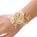 Champagne satin rose bridal wrist corsage with white pearls and gold metal leaves - Champagne