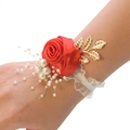 Red rose wrist corsage with gold leaves and white pearls for bridal wedding parties - Red