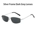 Minimalist silver metal square sunglasses featuring classic dark grey tinted lenses - Silver Frame Black Grey Lens