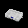 Detailed close-up of 5-compartment transparent storage box with blue sliding buckle - White with Blue Clasp