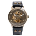 Retro bronze mechanical skeleton watch with black leather strap and rivet details - Black Leather Strap