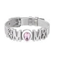 Silver stainless steel mesh bracelet featuring a pink gemstone and MOM letter charm - Silver Mesh/MOM/Pink Teardrop Gem / Silver