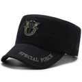 Men's black camo flat top military cap with shield embroidery and special force text - Adjustable / Black with Center Shield Badge