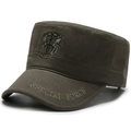 Olive green camouflage flat top military cap with Special Force embroidery - Adjustable / Army Green with Center Shield Badge
