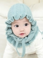 Baby winter knit bonnet with ruffled edges and chin ties in soft mint green color - Blue