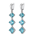 Silver drop earrings with three sky blue square zircons on a white background - Light Sea Blue