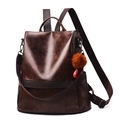 Sac à dos en similicuir marron vintage de grande capacité avec charme pompon en peluche - café