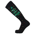Black Christmas compression socks featuring green tree patterns and colorful dots - Black Background Gold Christmas Tree