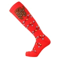 Red Christmas compression socks featuring a cartoon bear and festive light string pattern - Bear on Red