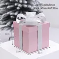 Pink frosted glitter gift box with silver bow, 30x30x30cm festive Christmas decoration - Pink / 30cm