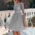 Sexy silver sequin mini dress with long sleeves and round neck shown on a female model - S / Dresses / Gray
