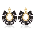 Exaggerated fan-shaped tassel earrings with gold hollow frame and woven fringe - Black and White