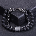 Detail of natural black lava stone bracelet with stainless steel chain and T-bar clasp - Lava Rock Bracelet