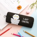 Minimalistisch zwart canvas etui met schattige kat en ritssluiting met metalen ring - Zwart