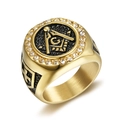 Goldener Freimaurerring aus Edelstahl mit schwarzem G-Emblem und Zirkonbesatz - US 7 / Gold